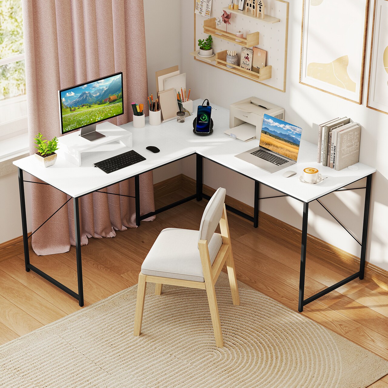95" L-Shaped Desk for Two People with Adjustable Monitor Shelf and Cable Management
